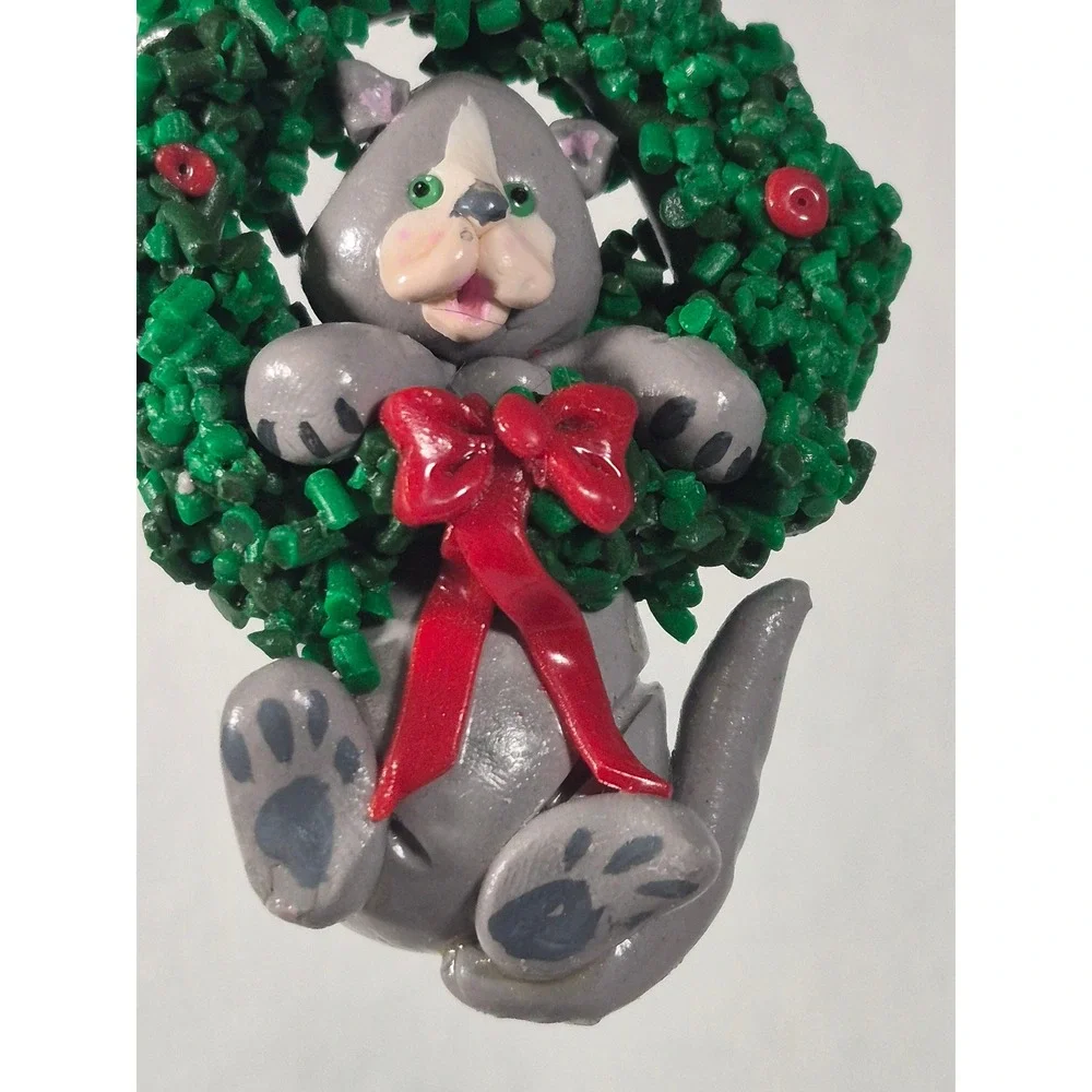 Handmade Polymer Clay Grey Cat In Christmas Wreath Ornament Signed Betsy